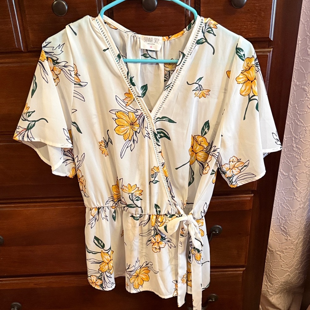 Floral Wrap Blouse - White and Yellow